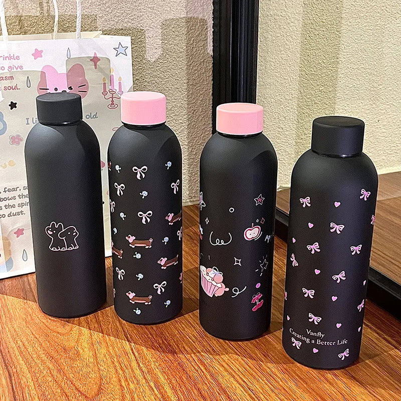 500ml Black and Pink Puppy Stainless Steel Insulated Cup Cute Dachshund Style for Girls