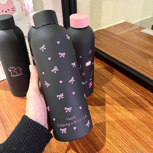 500ml Black and Pink Puppy Stainless Steel Insulated Cup Cute Dachshund Style for Girls
