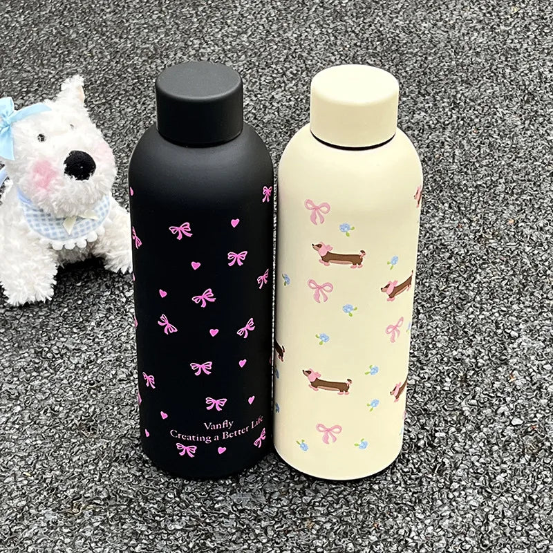500ml Black and Pink Puppy Stainless Steel Insulated Cup Cute Dachshund Style for Girls